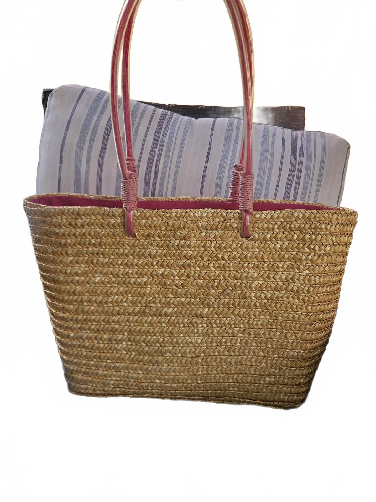 Bloomindales Straw Tote Bag with Embroidered Pink White Flower Pocket