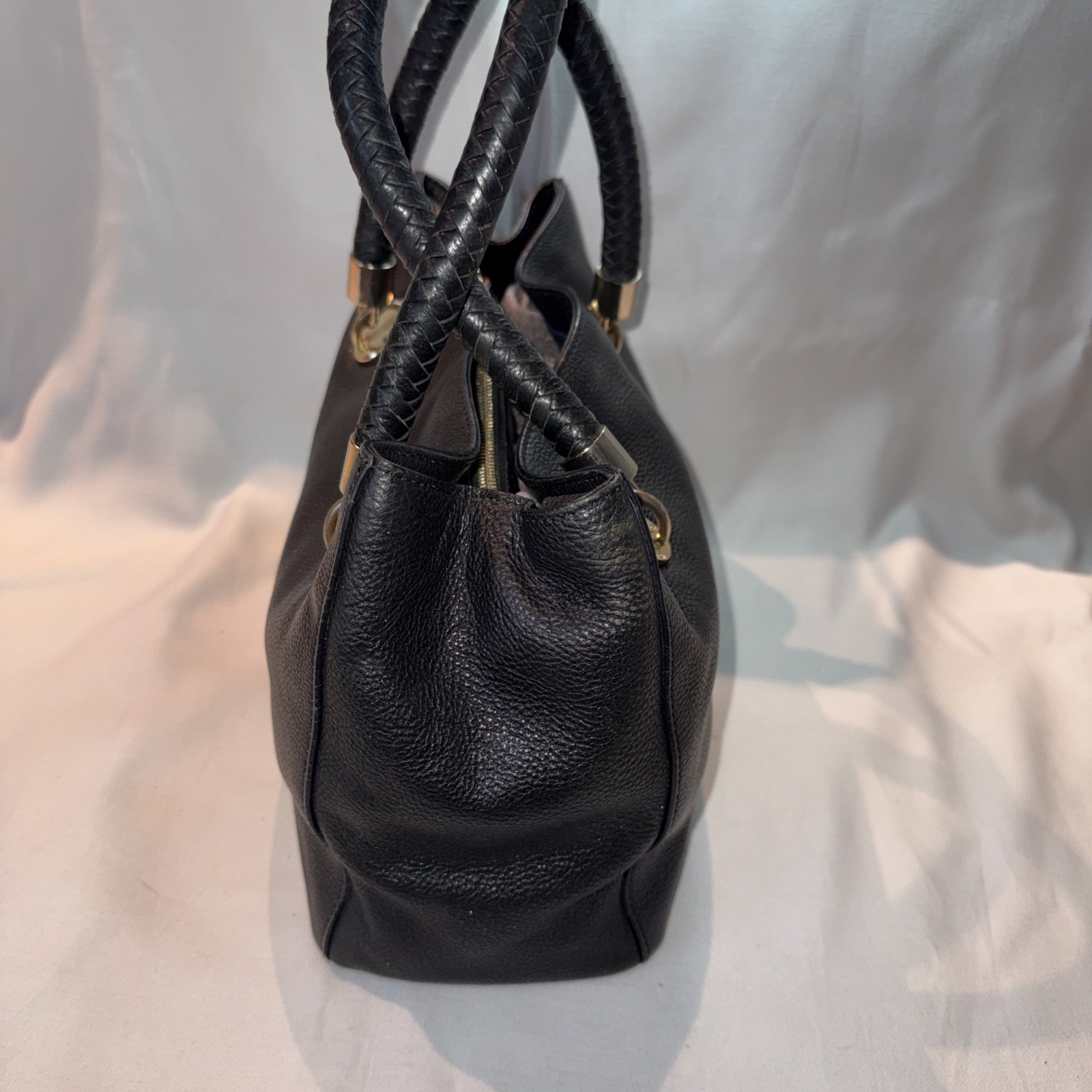 Cole Haan Benson Soft Black Pebbled Leather Tote Bag Braided Handles Purse
