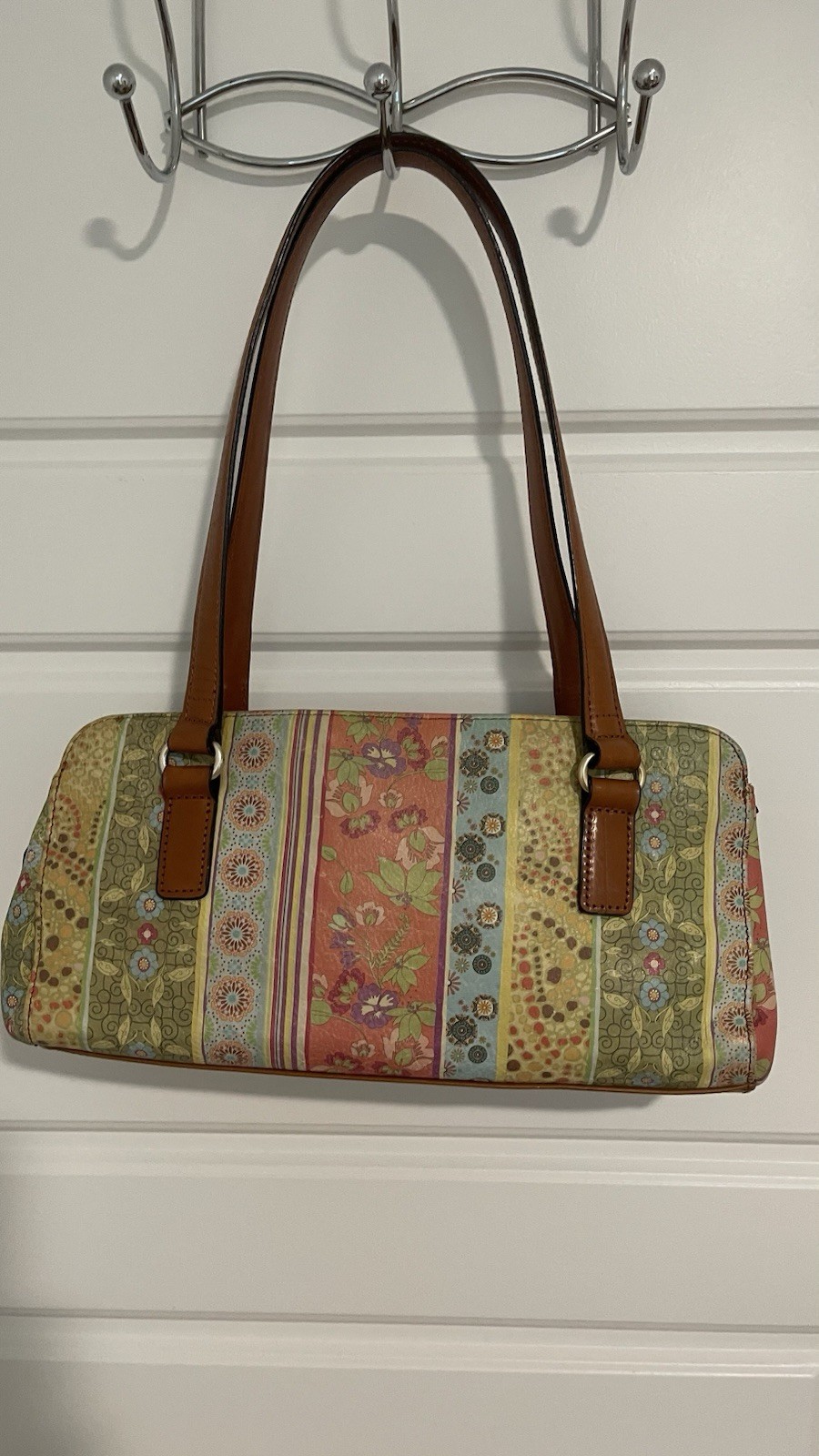 Fossil Satchel Floral Patchwork Leather Trim Bag Small Multicolor-Shoulder bag