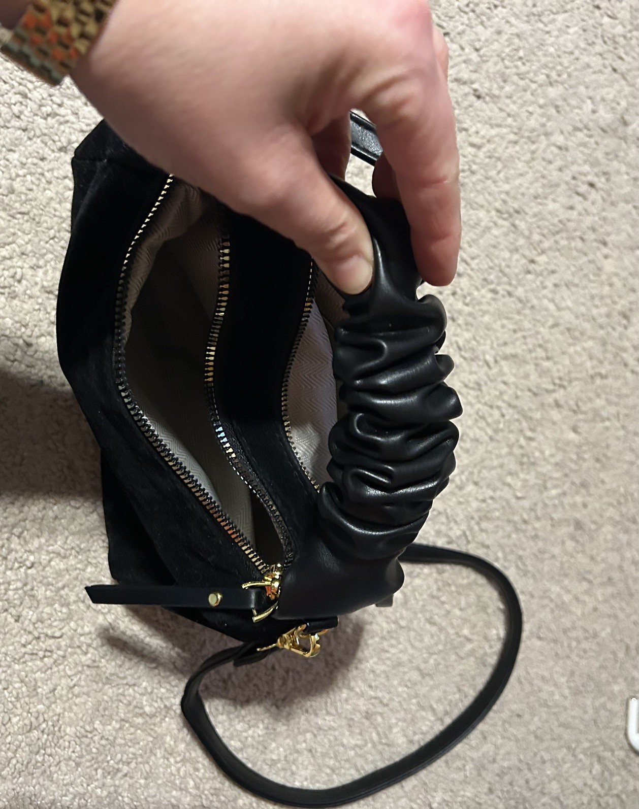 Black Faux Suede Crossbody Bag Scrunchie Handle 9x5x3 inches