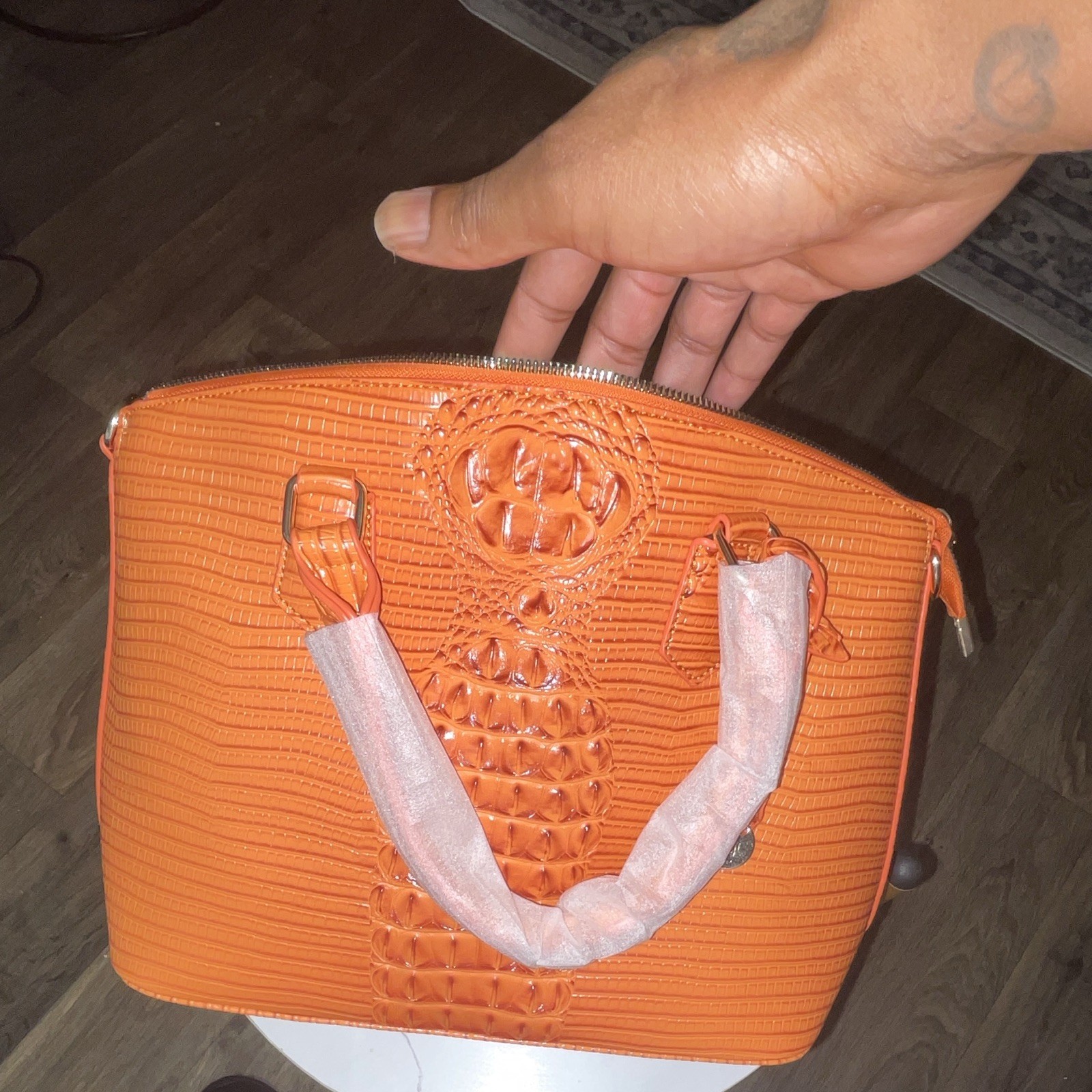 Orange Croc-Embossed Satchel Top Handle Bag Zip Closure Detachable Strap Gold