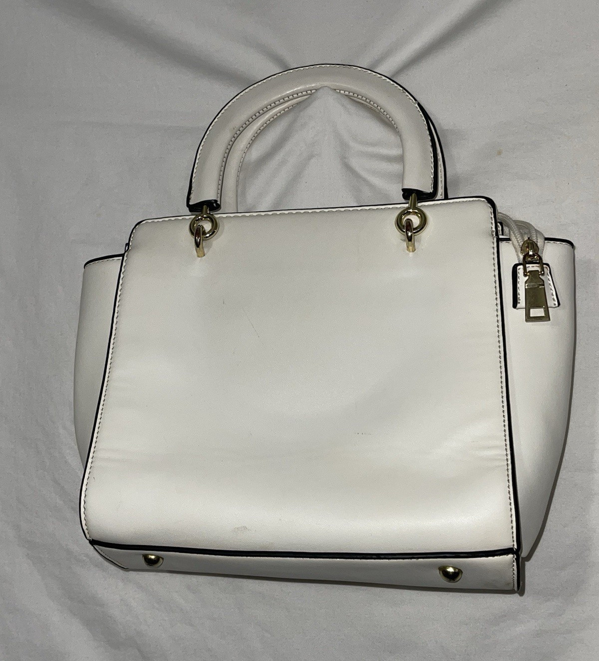 White Satchel Top Handle Bag Gold Hardware Brown Scarf Detachable Strap Zip