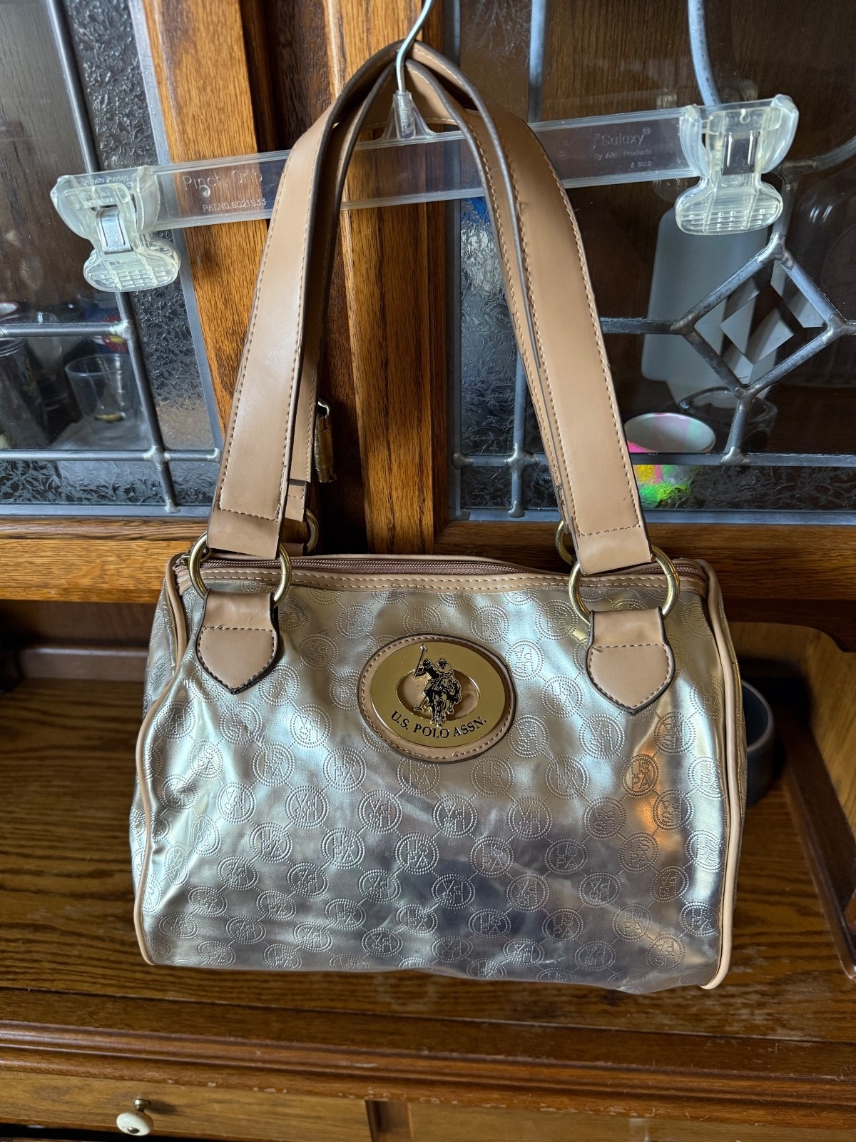 U.S. Polo Assn. Gold Metallic Embossed Satchel Bag Handbag Logo Purse