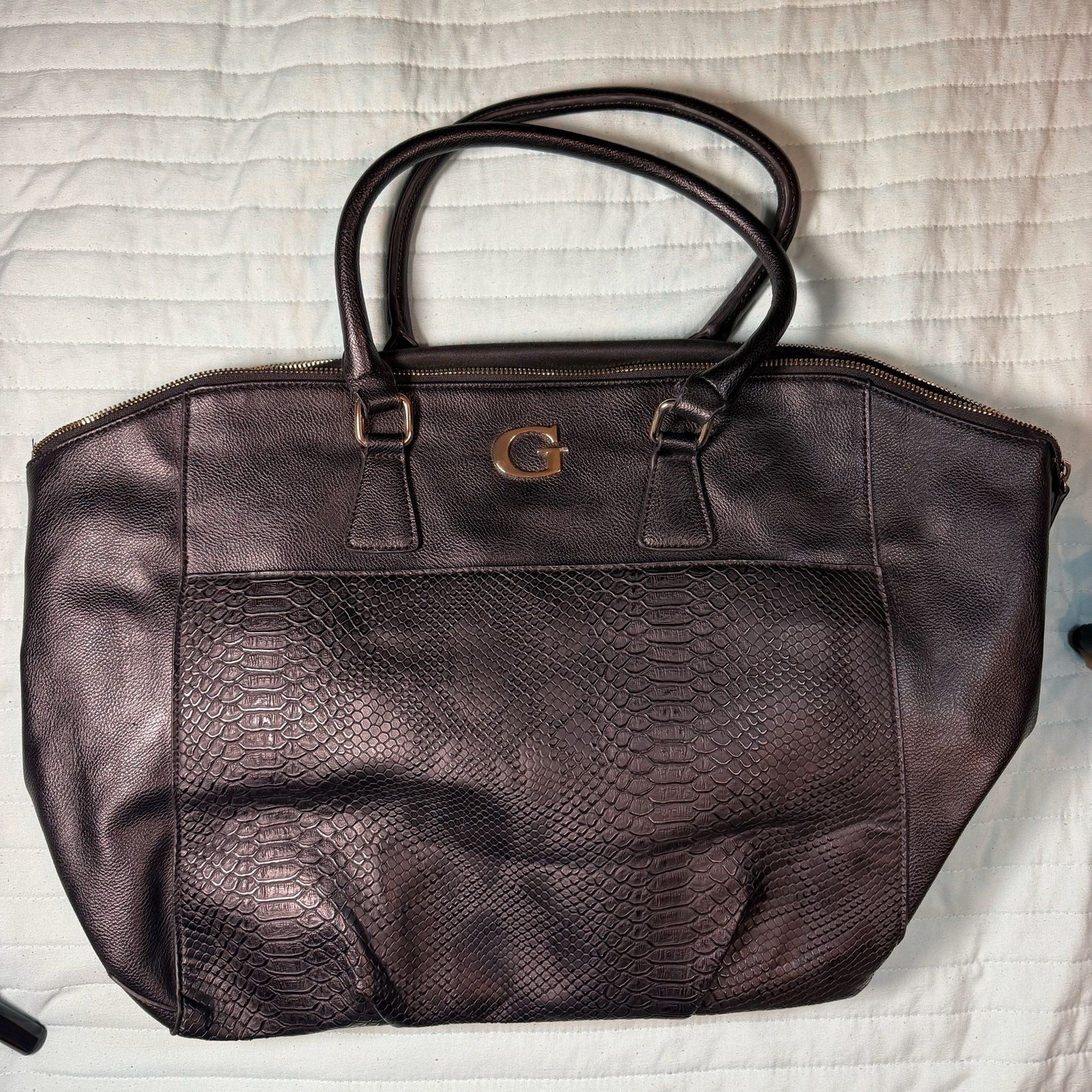 Guess Black Faux Leather Tote Bag with Snakeskin Texture Panel