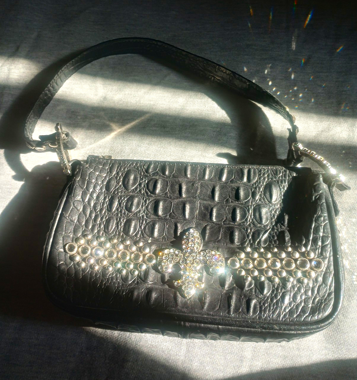 Raviani Black Croc Embossed Shoulder Bag Zip Rhinestone Fleur-de-lis