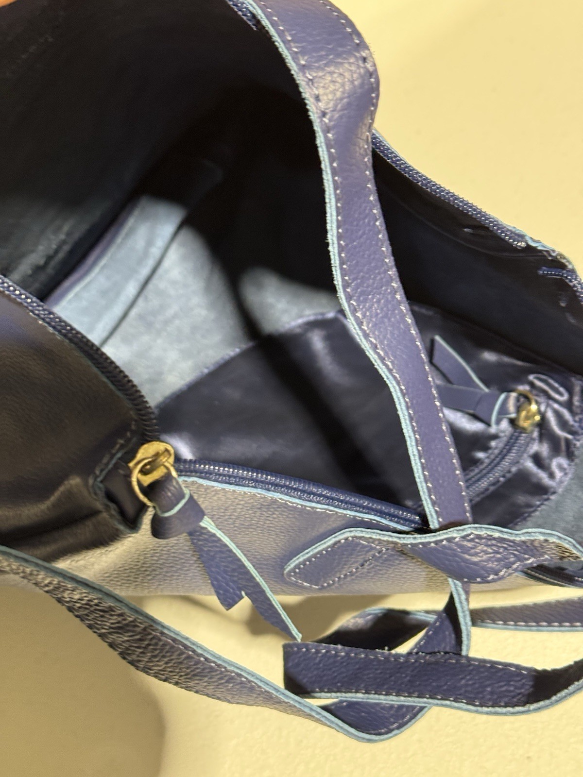 JM New York Large Zippered Leather Tote Shoulder Bag Blue About 13” Tall