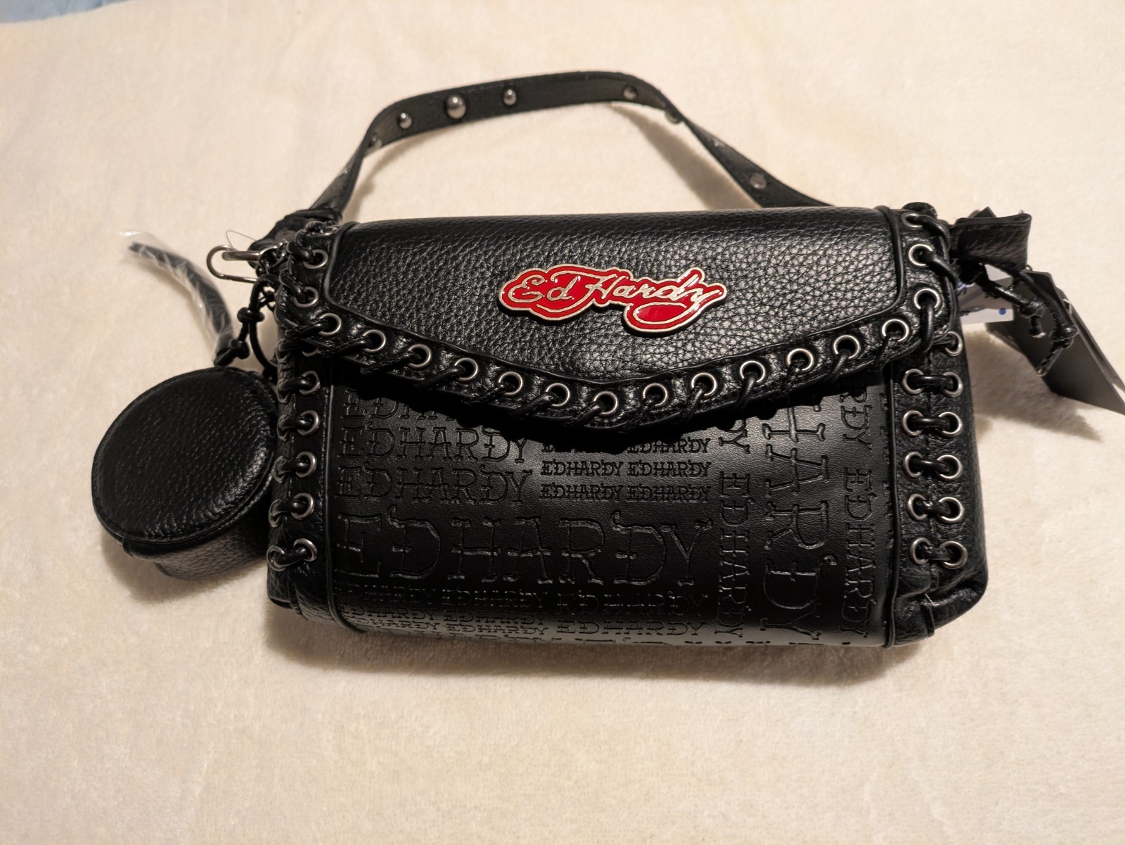 Ed Hardy Black Crossbody Embossed Studded Strap Lace Snap Close W/Coin Pouch NWT