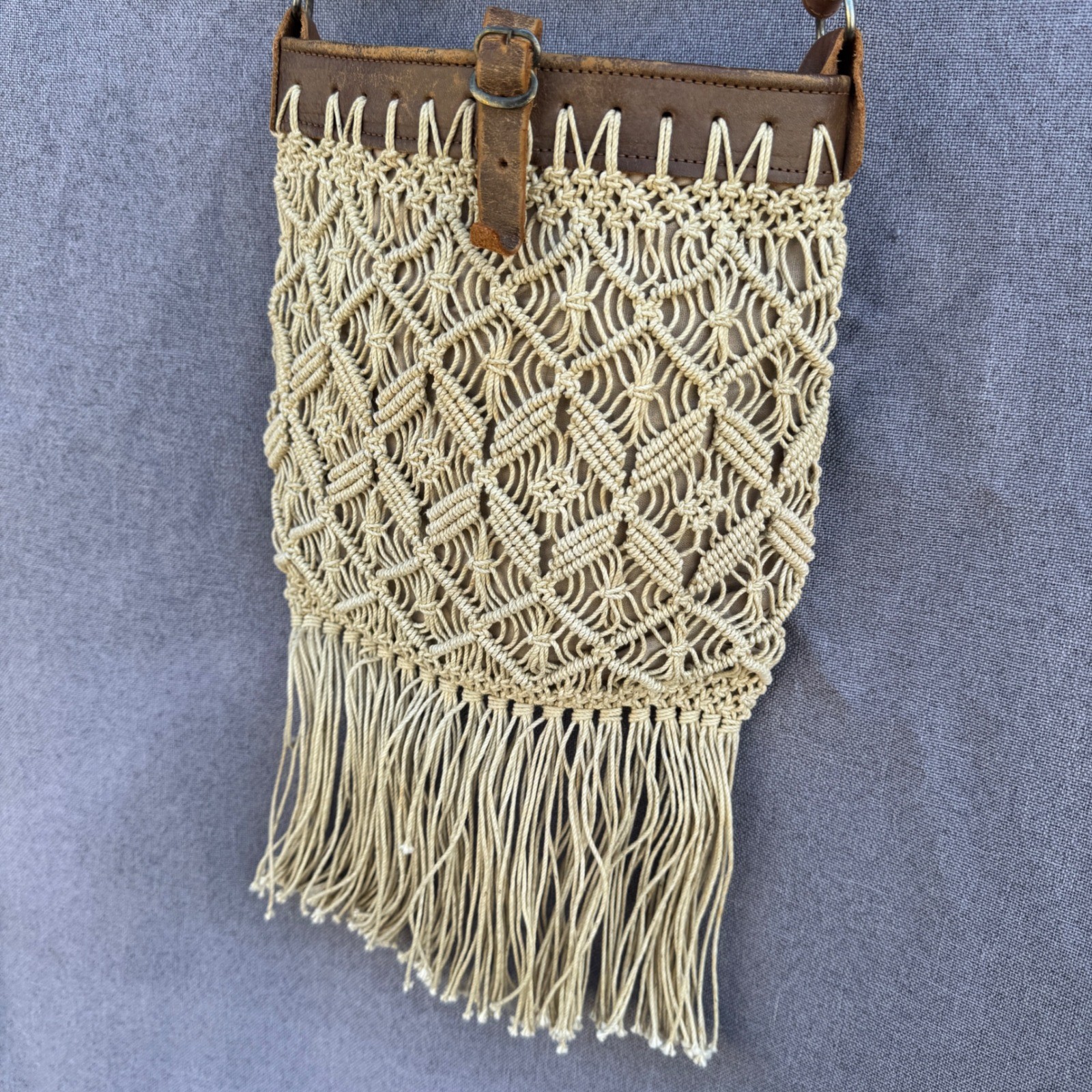 Vintage Genuine Leather Macrame Fringe Crossbody Bag Bohemian Festival Brown