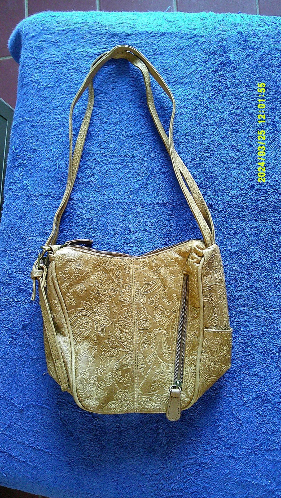 Great American Leather Works Tan Tooled Leather Bag Purse Zip Open Retro Style