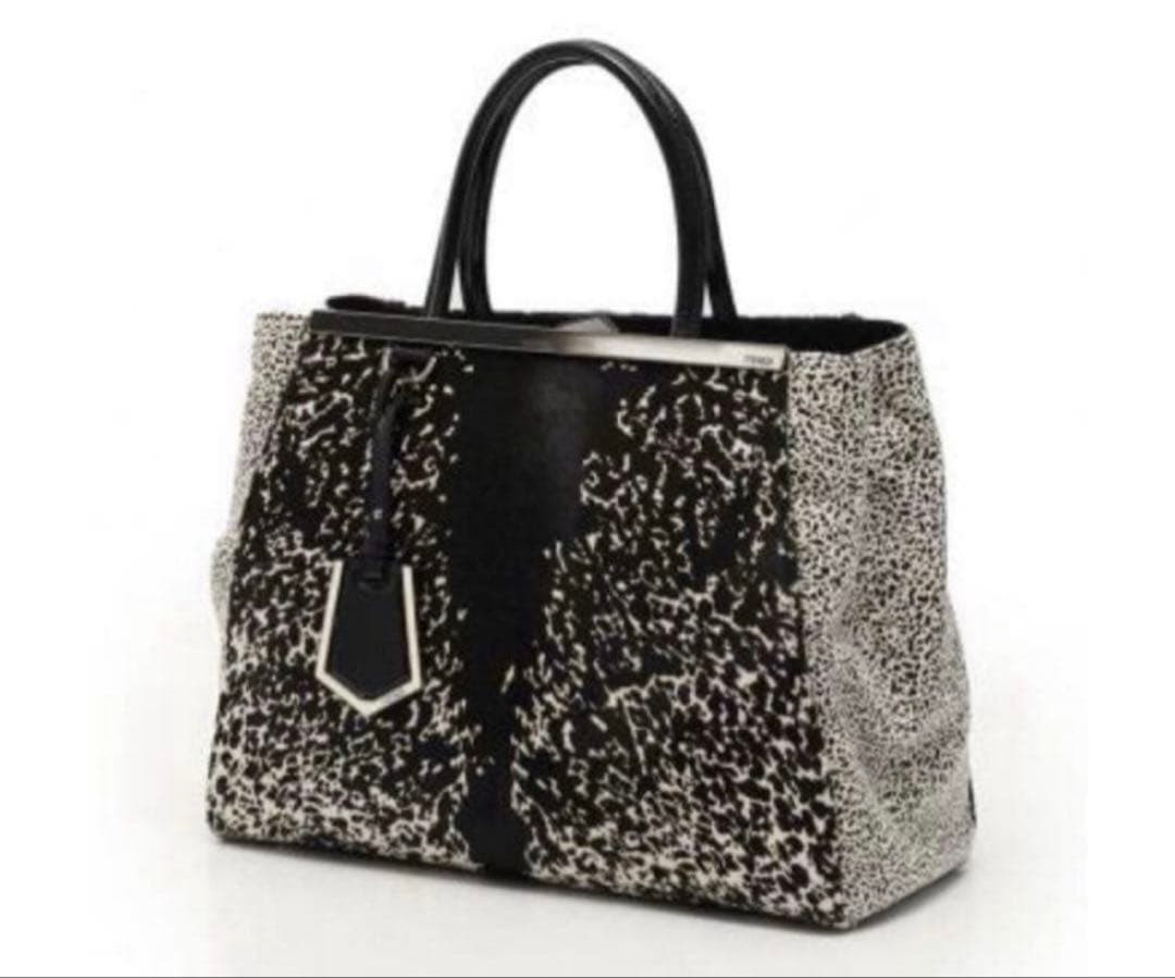FENDI 2Jours Medium Tote Bag Black White Calf Hair Animal Print 2WAY Auth Japan
