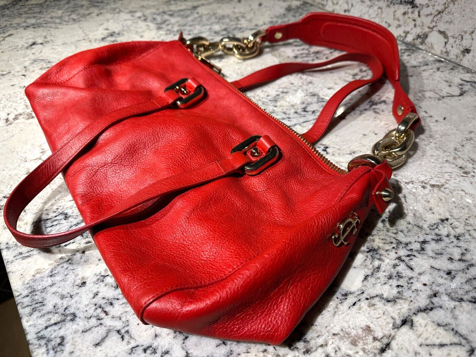JUICEY COUTURE Vintage Handbag Y2K Red Leather Crown Gold Tone Chains Purse Bag