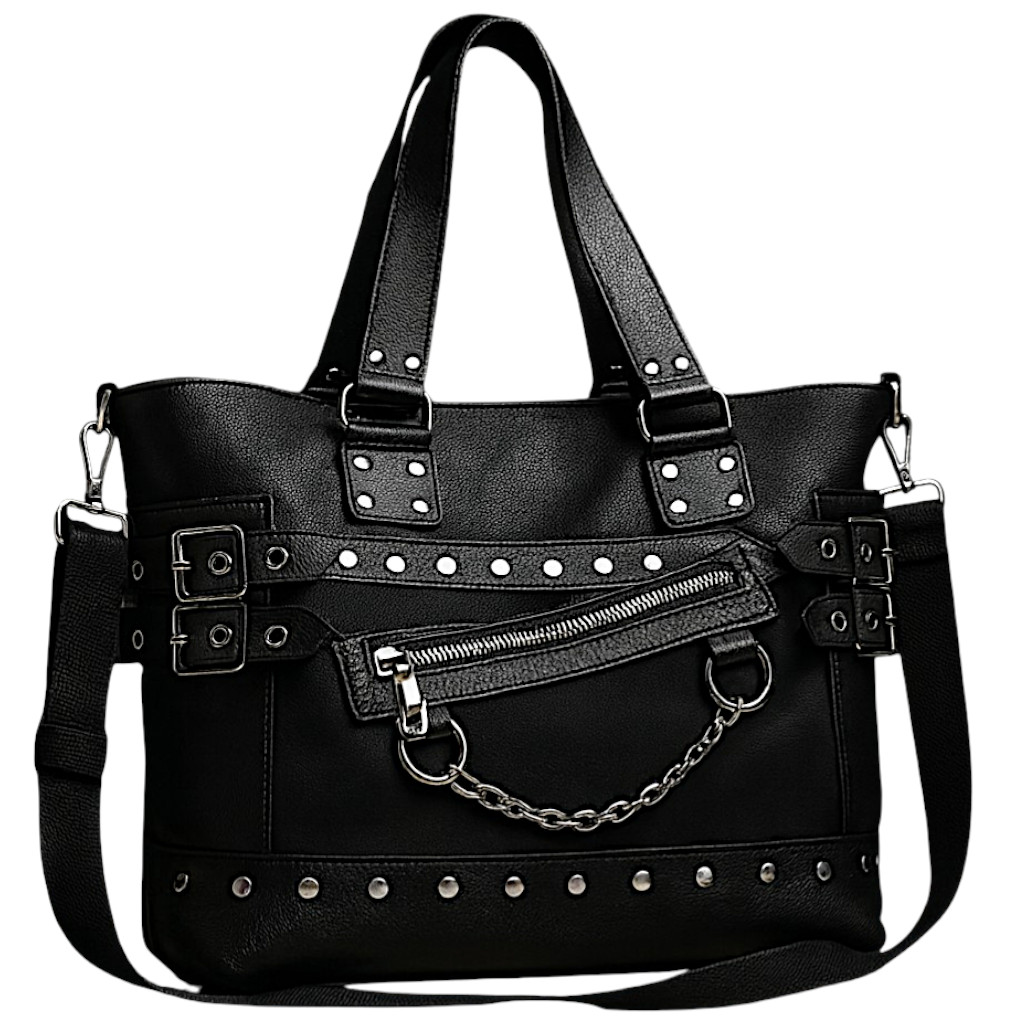 Black Gothic Punk Tote Bag Chains Studs Crossbody Handbag for Women Y2K Large