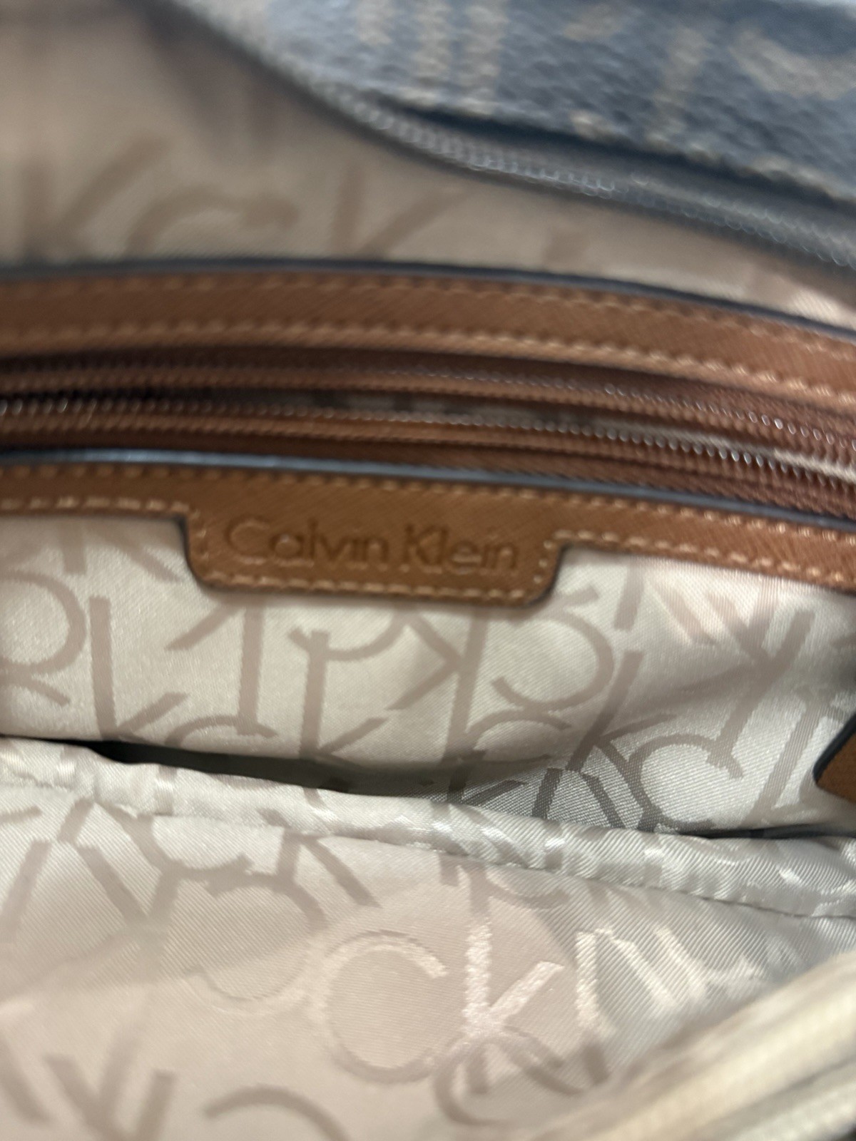 Calvin Klein Brown CK Monogram Small Crossbody Bag Zip Closure Adjustable Strap