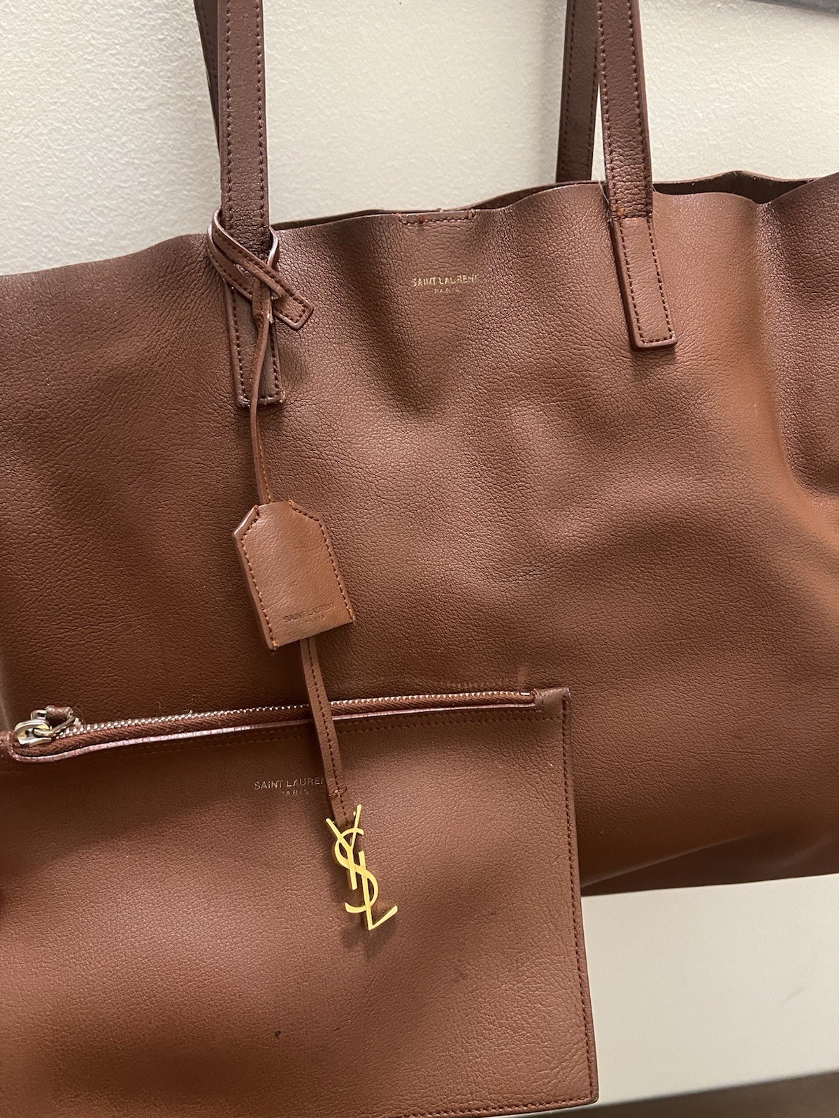 Saint Laurent Leather Shopping Tote Bag, Brown Leather, Gold Hardware