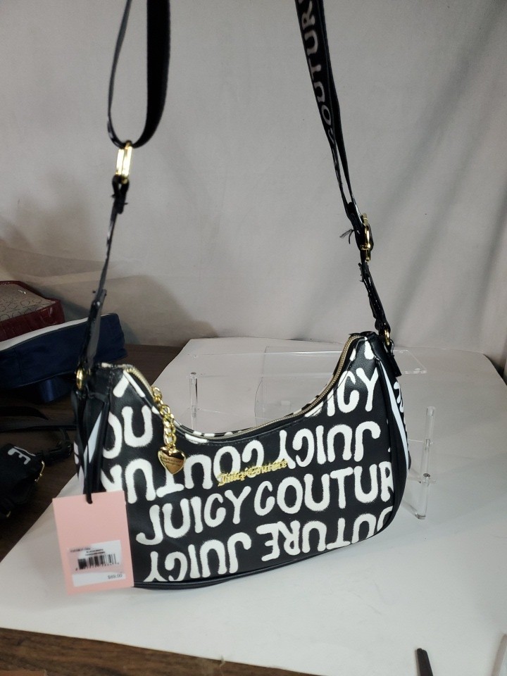 JUICY COUTURE Logo Crossbody Hobo Fan Club Bag w/Adjustable Strap Black & White