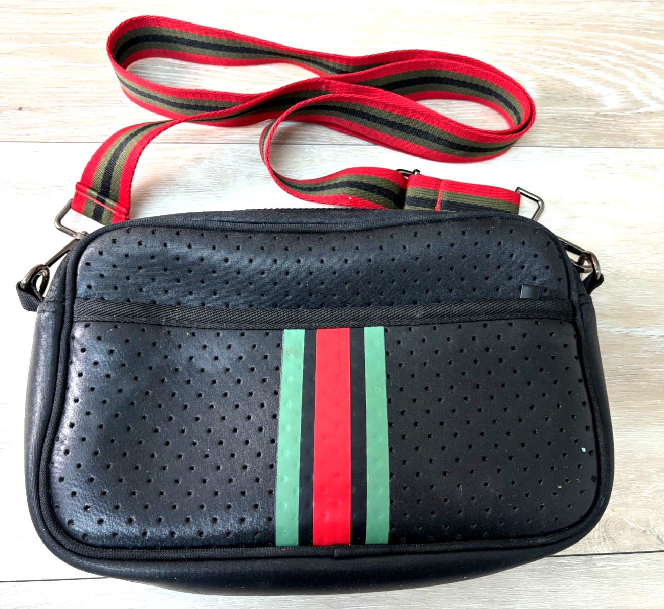 Haute Shore Style Black Crossbody Purse 2 color Stripes Neoprene Shoulder Strap
