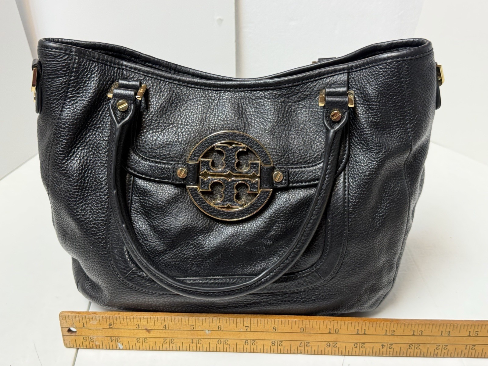 Tory Burch Amanda Hobo Black Pebbled Leather Handbag Satchel Messenger Purse