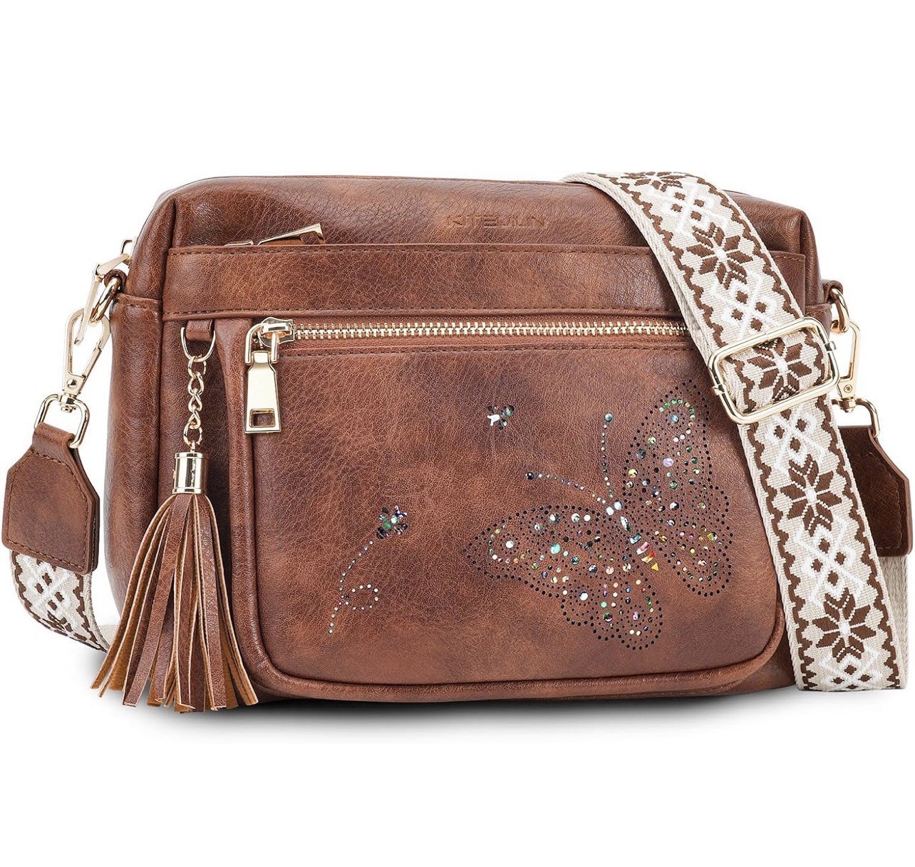 Women’s Crossbody Trendy Brown Leather Shoulder Bag Purse Butterfly Design