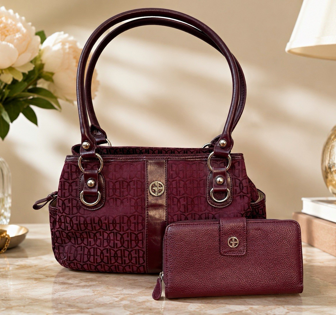 Giani Bernini Burgundy Logo Satchel Top Handle Zip Bag w Matching Leather Wallet