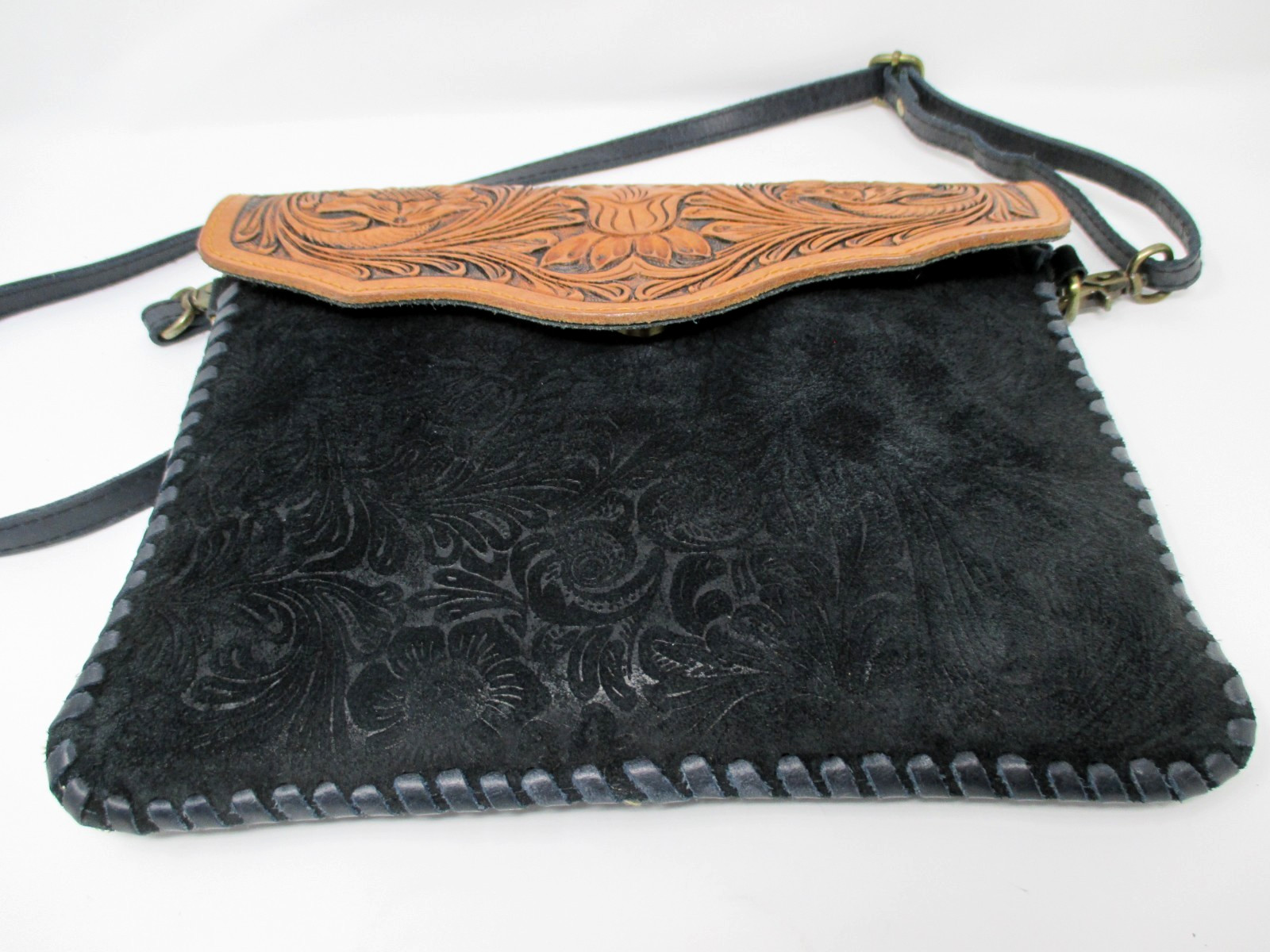 American Darling Tooled Leather Floral Crossbody Bag Western Whipstitch