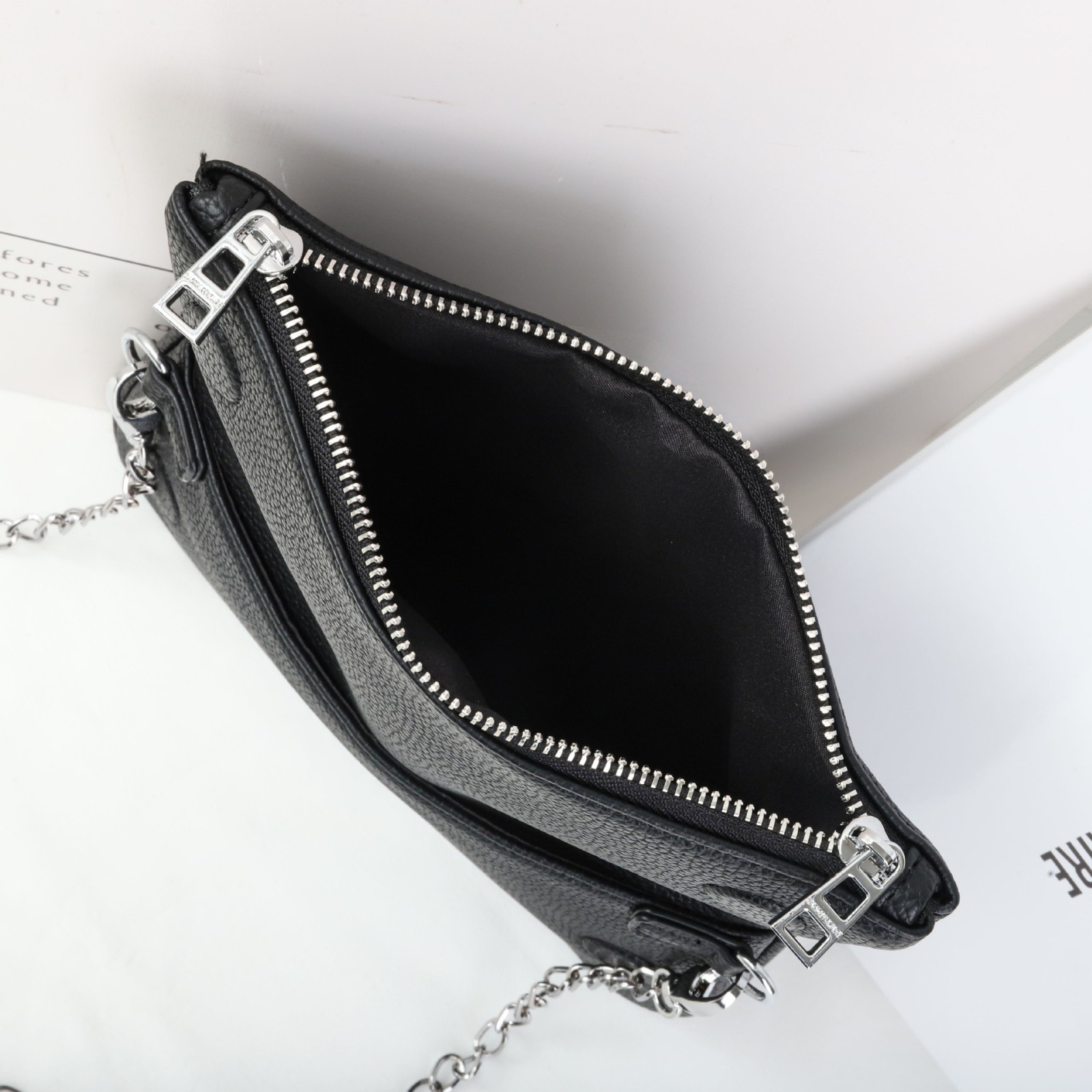 Zadig & Voltaire Black Leather Bag Silvery Dual Chain Strap Crossbody 21x13cm