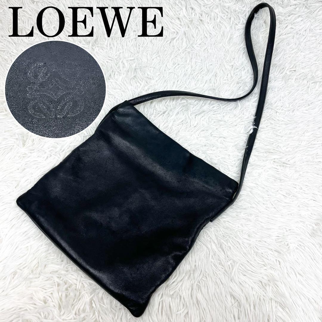 LOEWE Anagram Embossed Leather Shoulder Bag Black 27.5cm Crossbody Bag