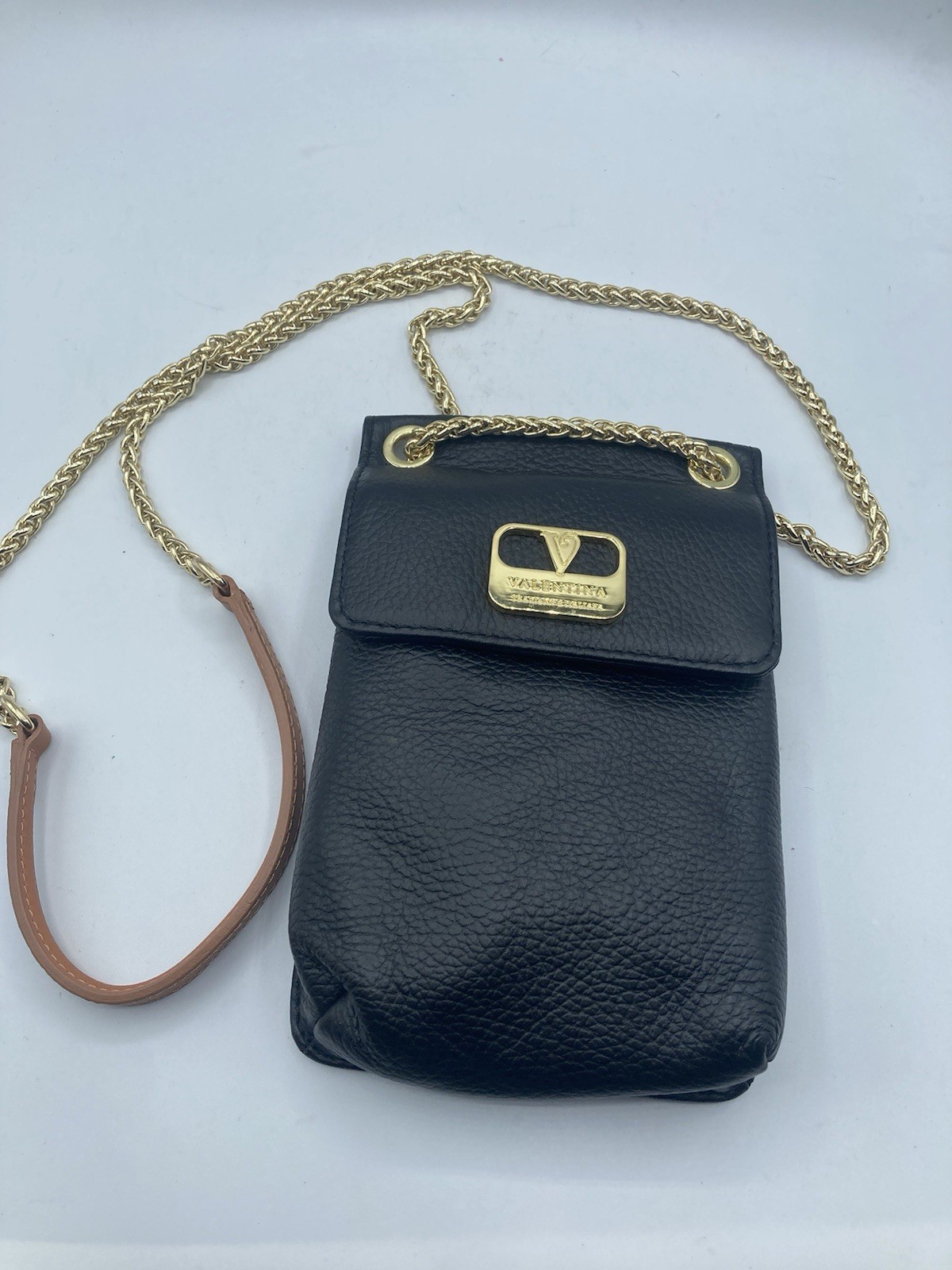 Black Valentina Tradizione Italiana Crossbody Purse Gold Strap Genuine Leather