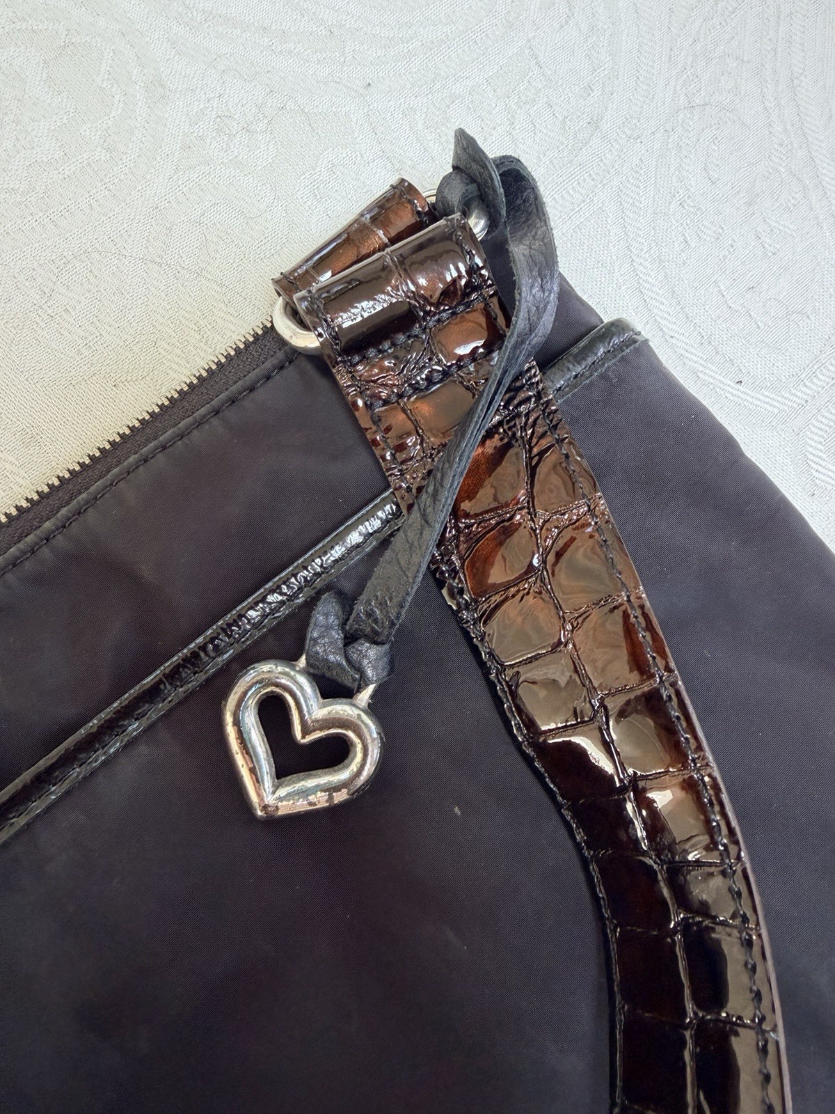 Brighton Black Shoulder Bag Brown Strap Patent Croc Trim Zip Pockets Silver