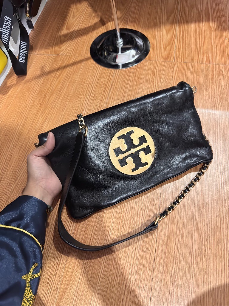 Tory Burch Reva Fold-Over Leather Crossbody Gold Chain Bag, Black