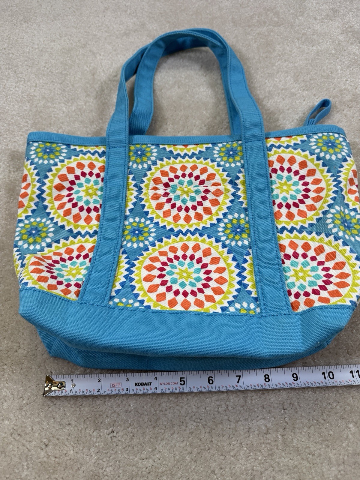 Lands End Canvas Boat Tote Zip Top Small Bag Bright Blue Geometric Print Purse