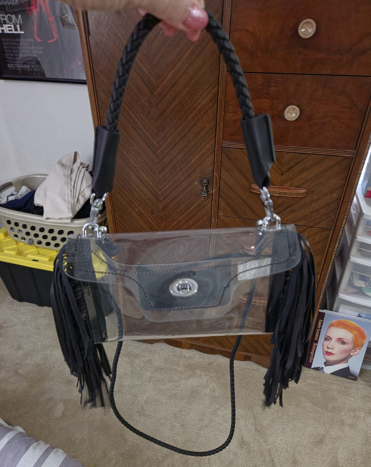 Margo Paige Clear/Black Fringe Crossbody Bag Turn Lock, Dust Bag Included
