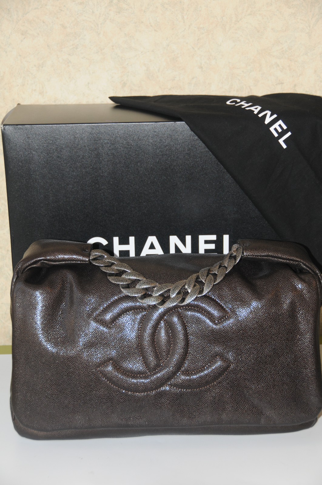 New in BOX CHANEL Classic LARGE Dark Chocolate Brown Soft CAVIAR Leather Bag