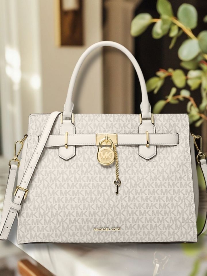 Michael Kors Hamilton Women Medium MK Logo Print Satchel Bag Light Cream Multi