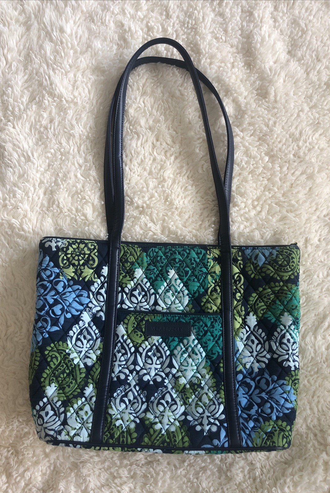 VERA BRADLEY Caribbean Shoulder Tote Bag Blue Green Sierra Stream Leather Straps