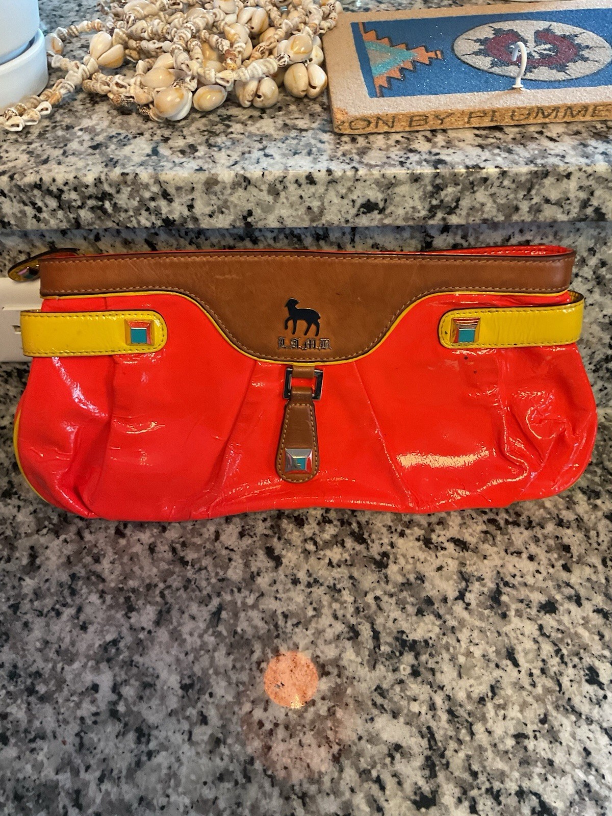 Vtg Y2K L.A.M.B Red Multicolor Patent Wristlet Xl Neon Gwen Stefani