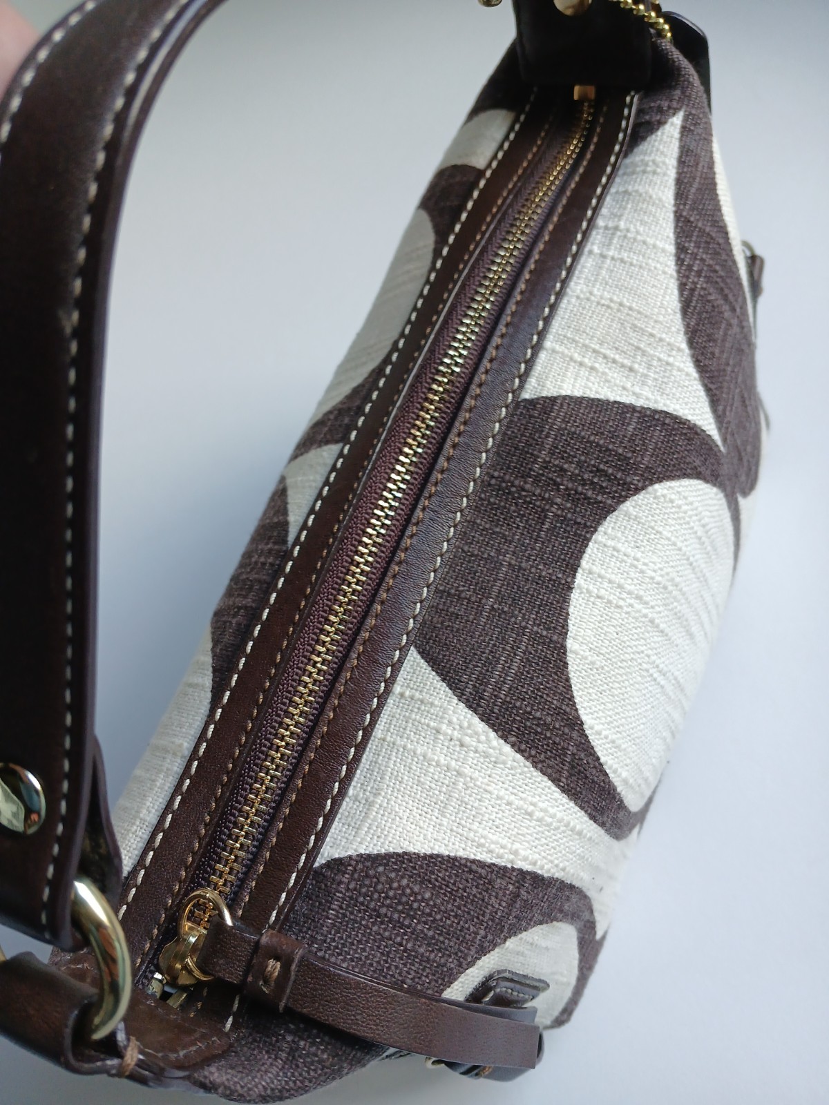 Coach Legacy Signature Linen Carly Hobo Mini Bag Purse Cream & Chocolate Brown