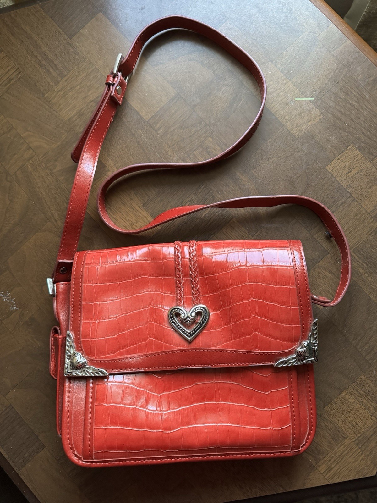 Red Faux leather handbag Shoulder Bag With Silver Heart Trim At Center/Corners