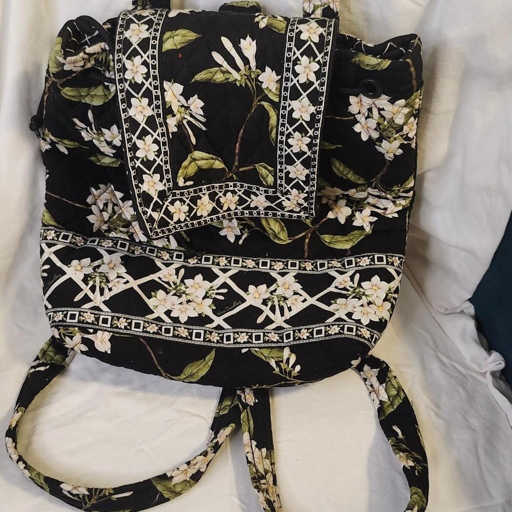 Vera Bradley black & white floral backpack purse with green leaves