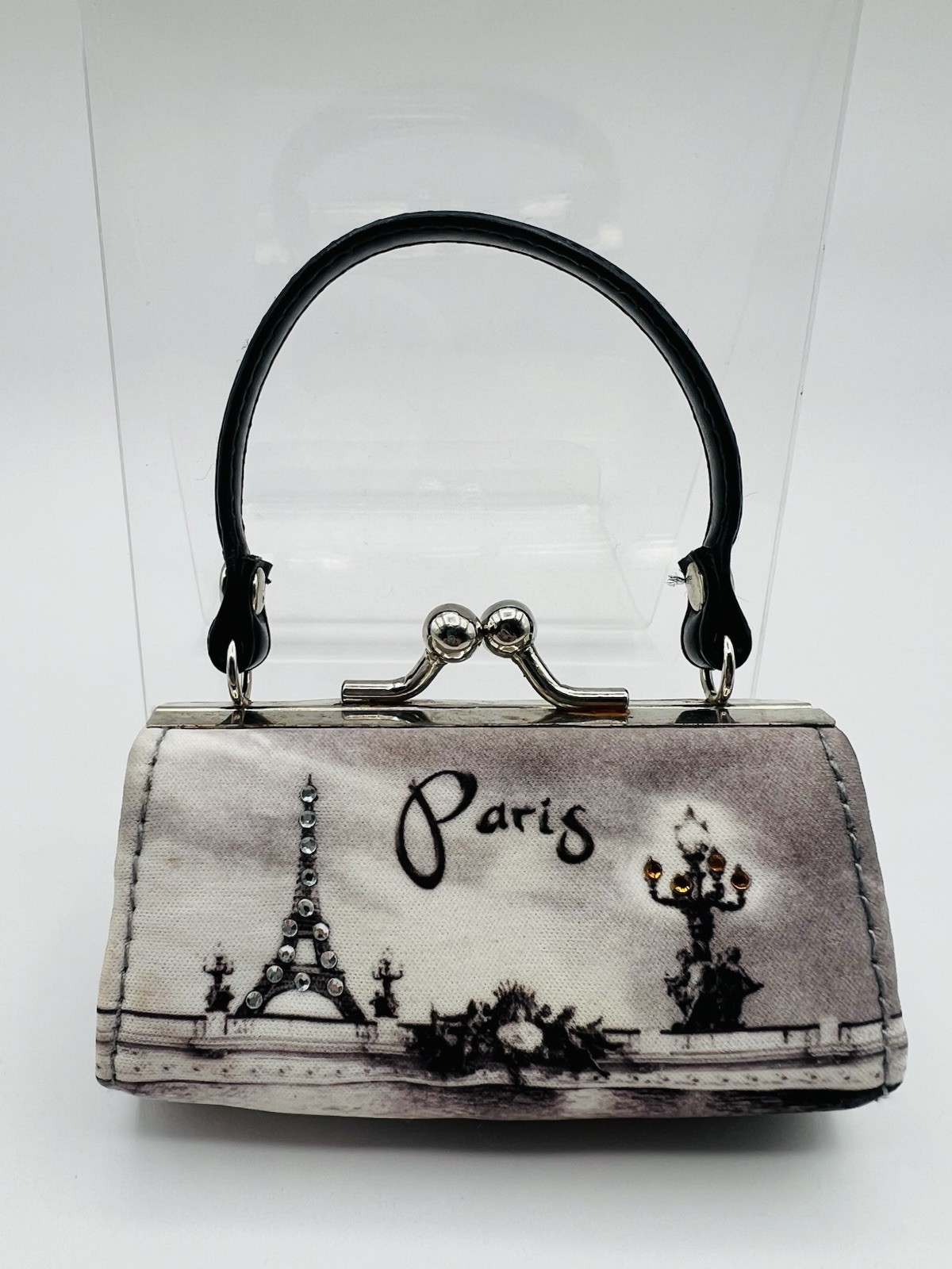 Mini PARIS Lipstick Handbag /Coin Purse w/ Handle, Kiss Lock Closure 3.25″ lengt