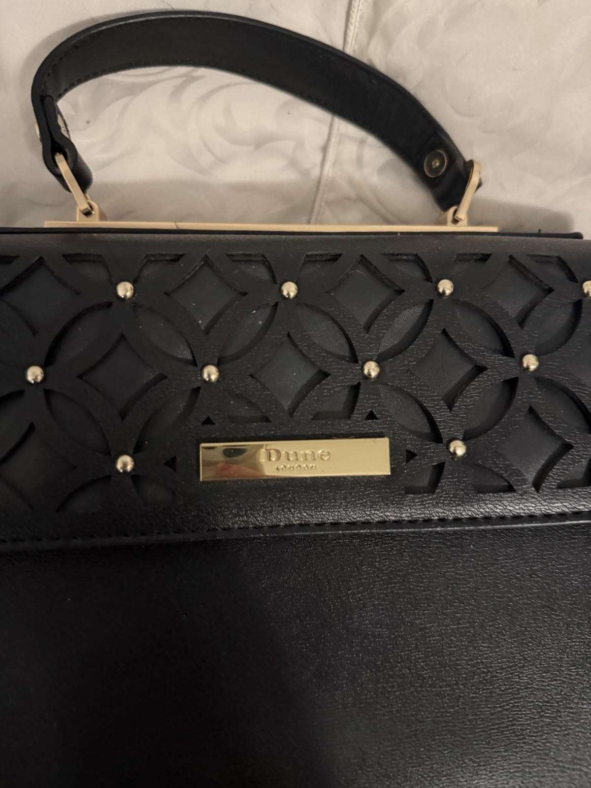 Dune London Black Satchel Top Handle Bag Gold Hardware Studded Detachable Strap