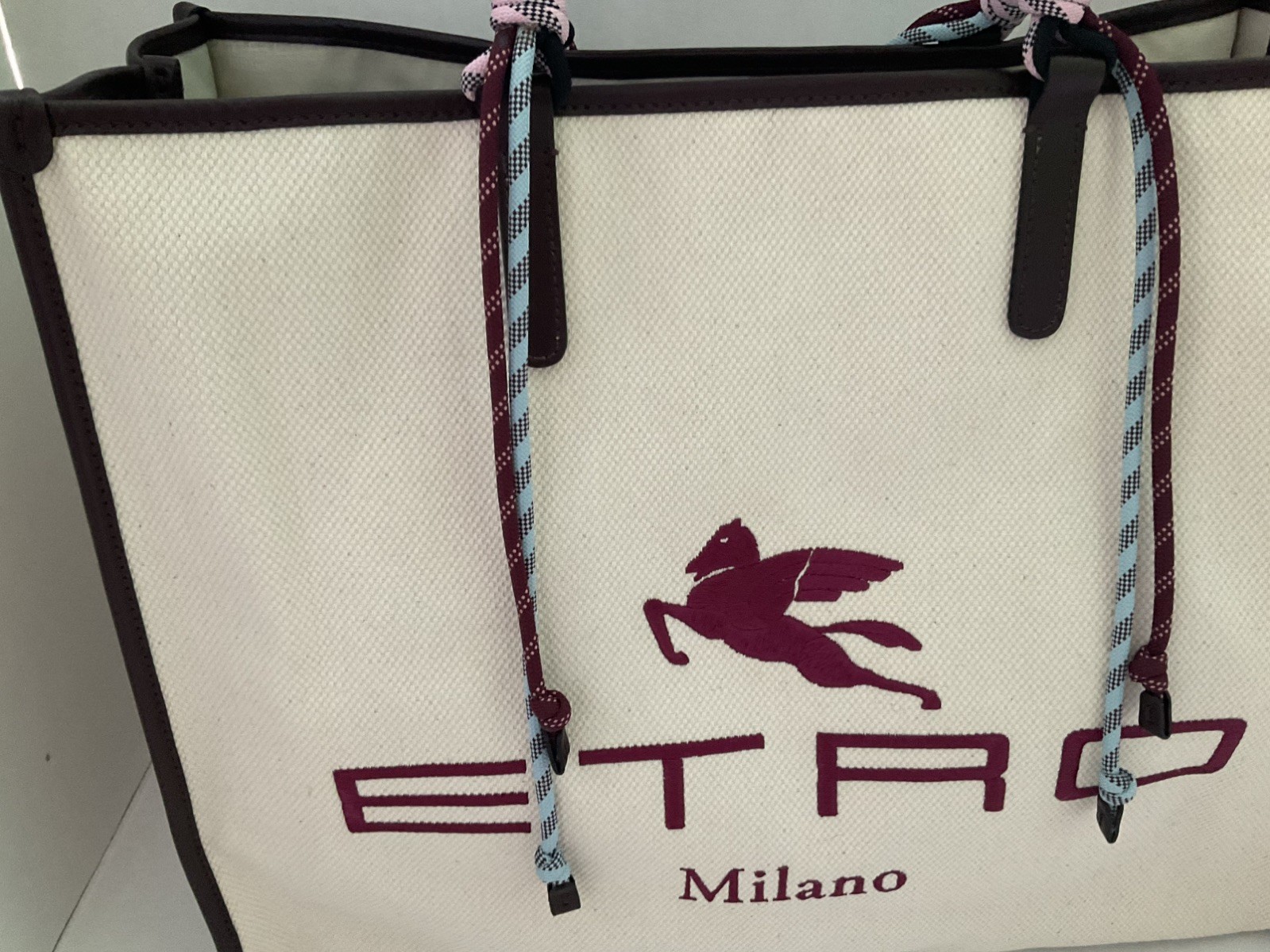 ETRO~Canvas Tote~Embroidered Pegaso Logo~Stripped Rope Handle~Tassel~NWT~$1812