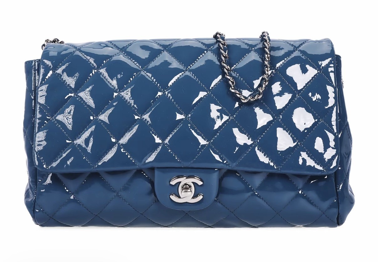 Pre-Owned Chanel Classic Flap Bag Medium Patent Turquoise Blue Silver Hardware