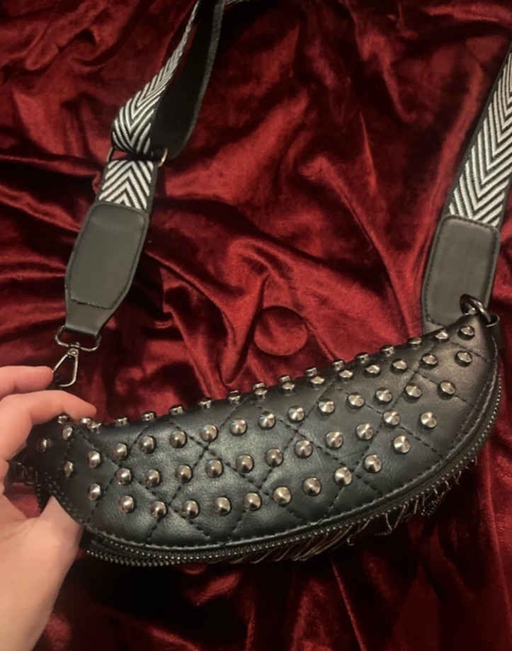 Black Small Crescent Crossbody Bag Chevron Adjustable Strap Zip Fringe Studs