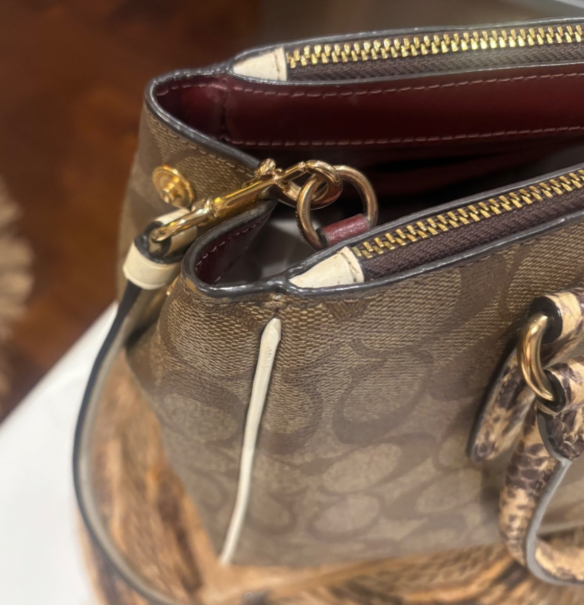 Coach Surrey Signature Canvas Carryall Satchel Handbag with Snake-Print Handles