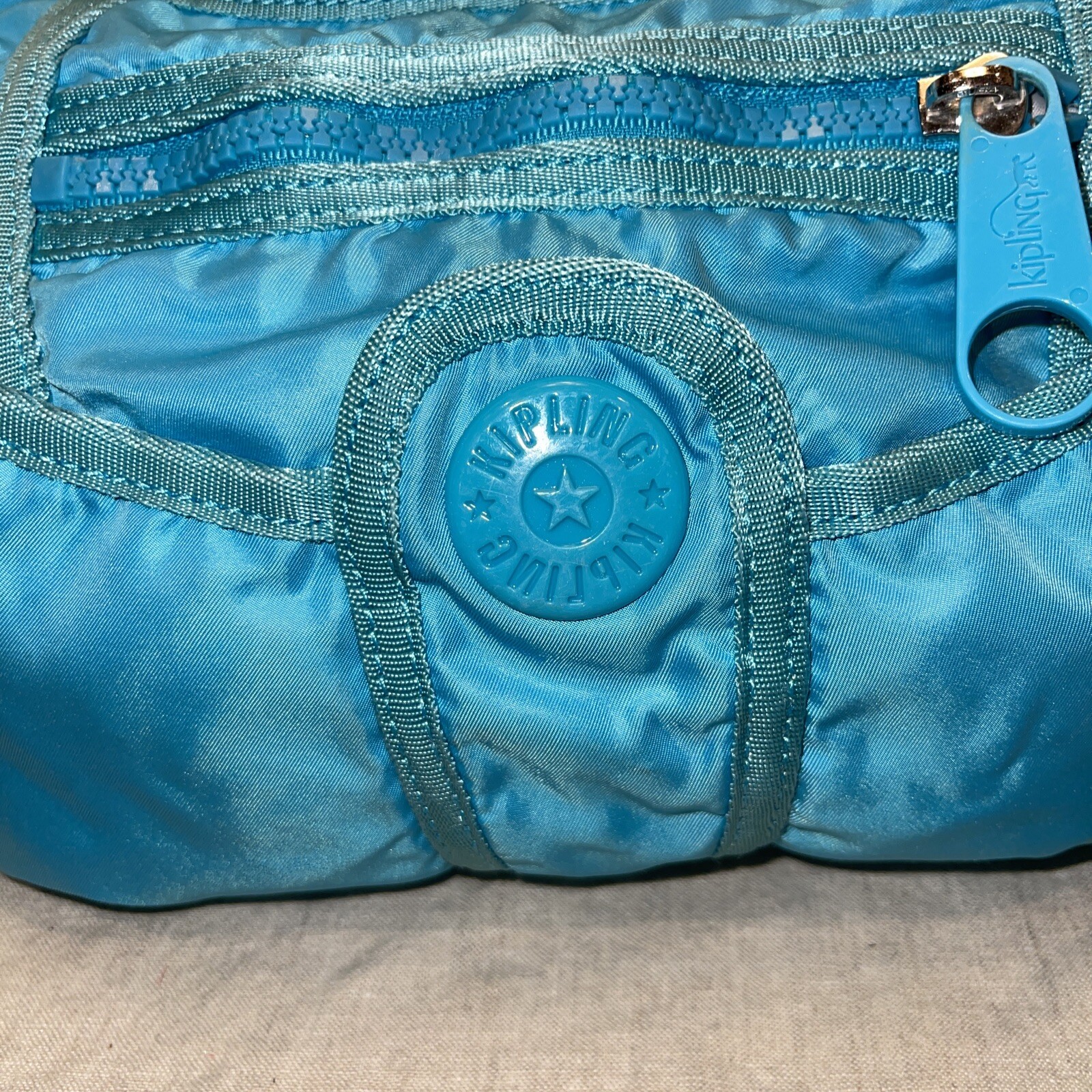 Kipling Nylon Crossbody Bag Purse w/ Monkey Keychain Charm Aqua Blue Medium Size