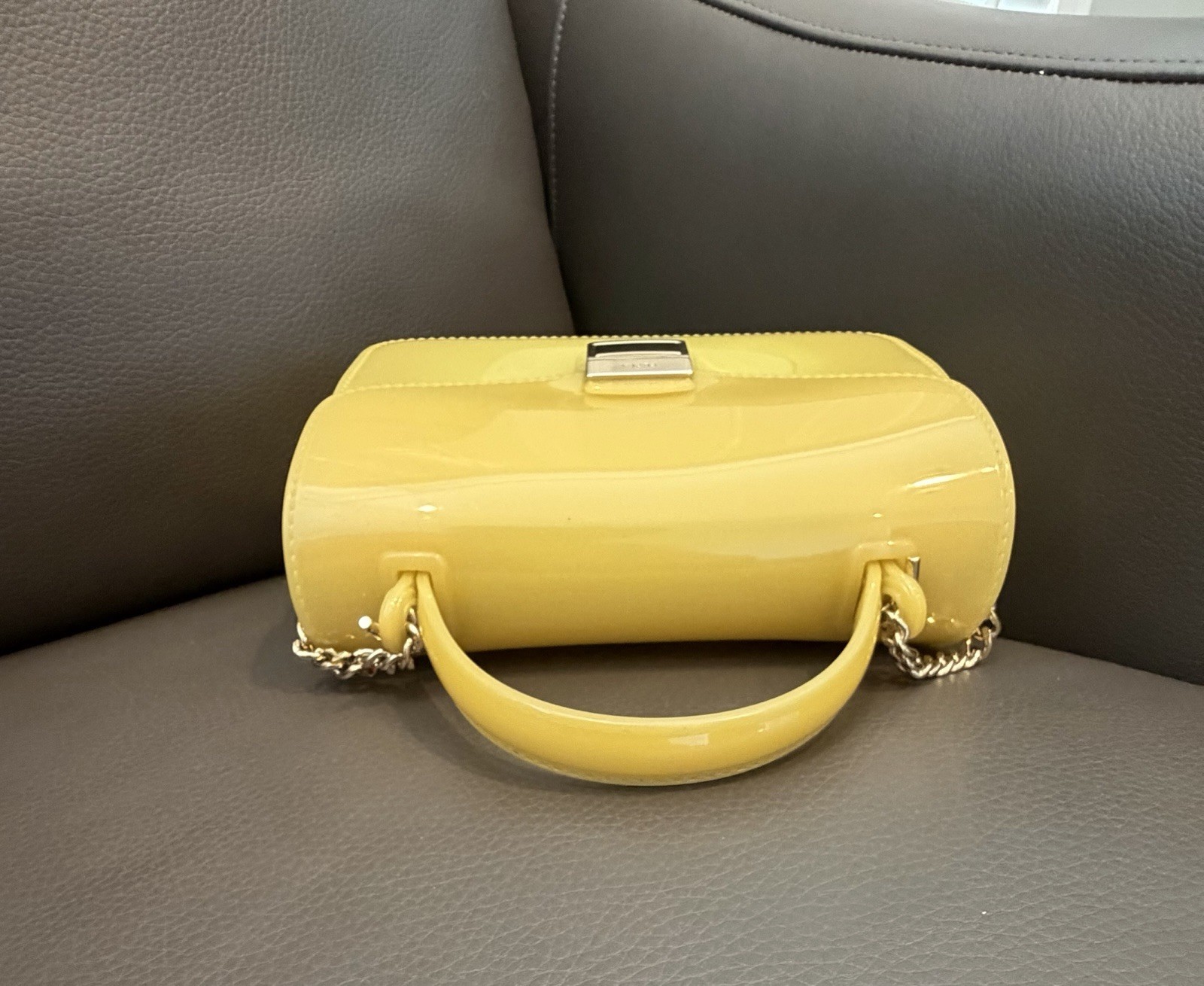 Furla Yellow Small Top Handle Bag Turn Lock w/ Detachable Chain Strap Gold