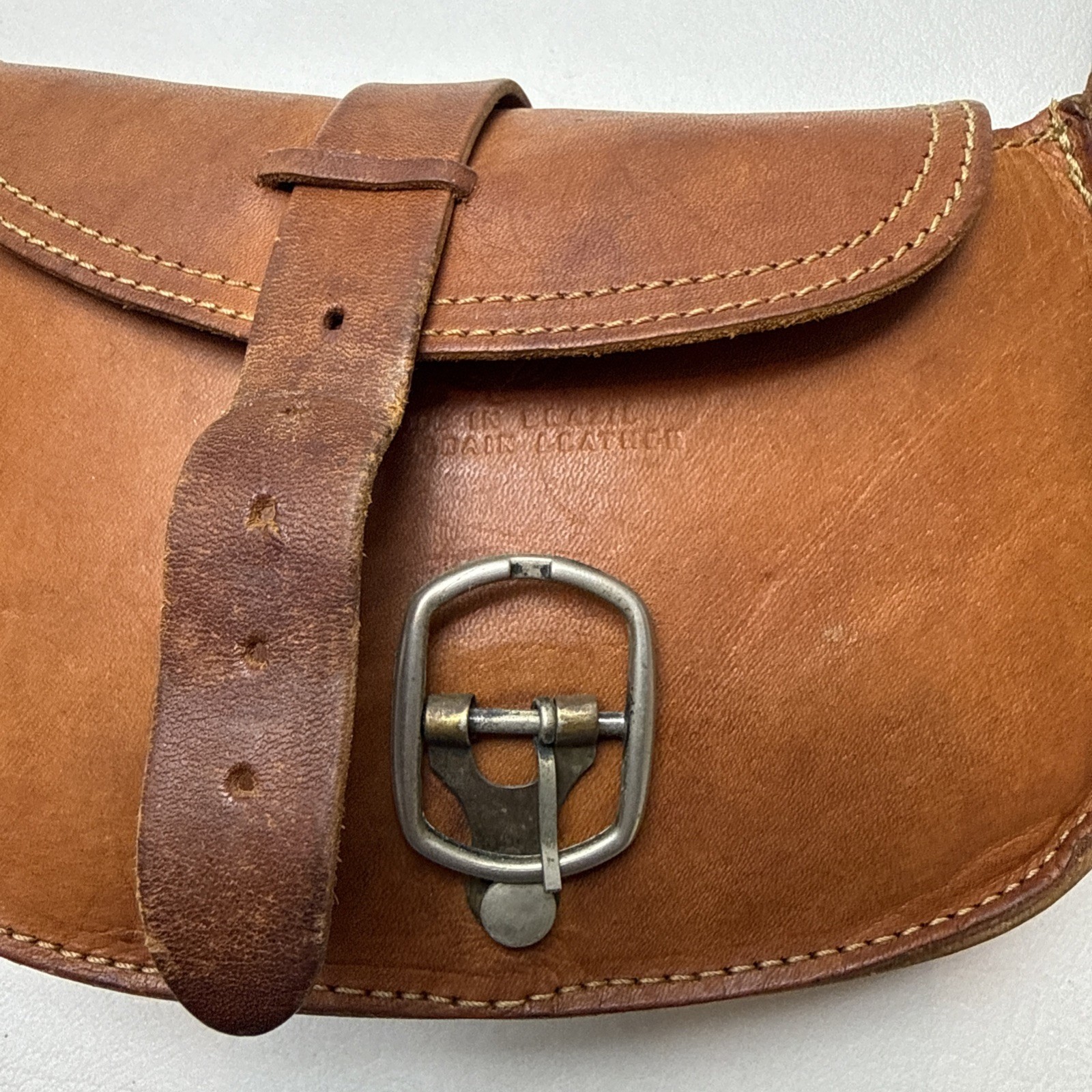 Small Vintage Tan Leather Crossbody Equestrian Style Buckle Made In Brazil