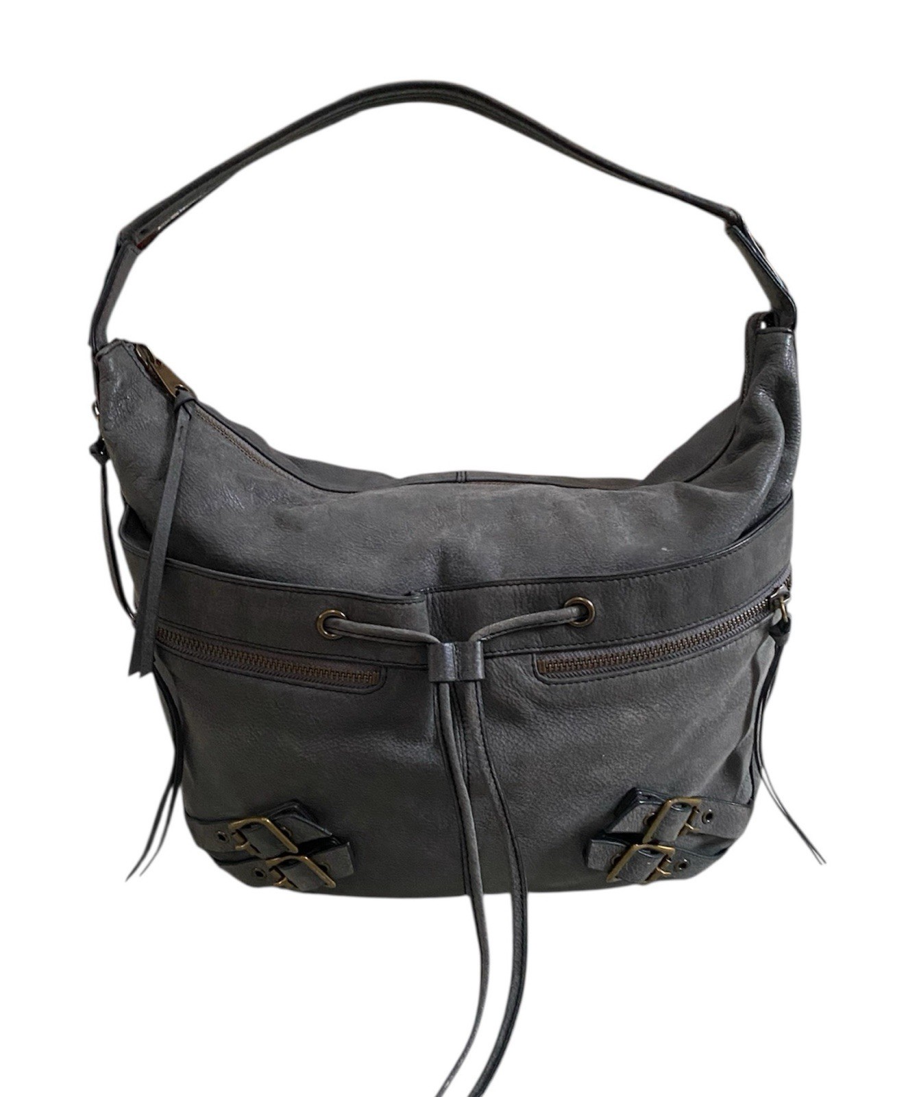 Joelle Hawkens Genuine Leather Drawstring Gray Hobo Bag