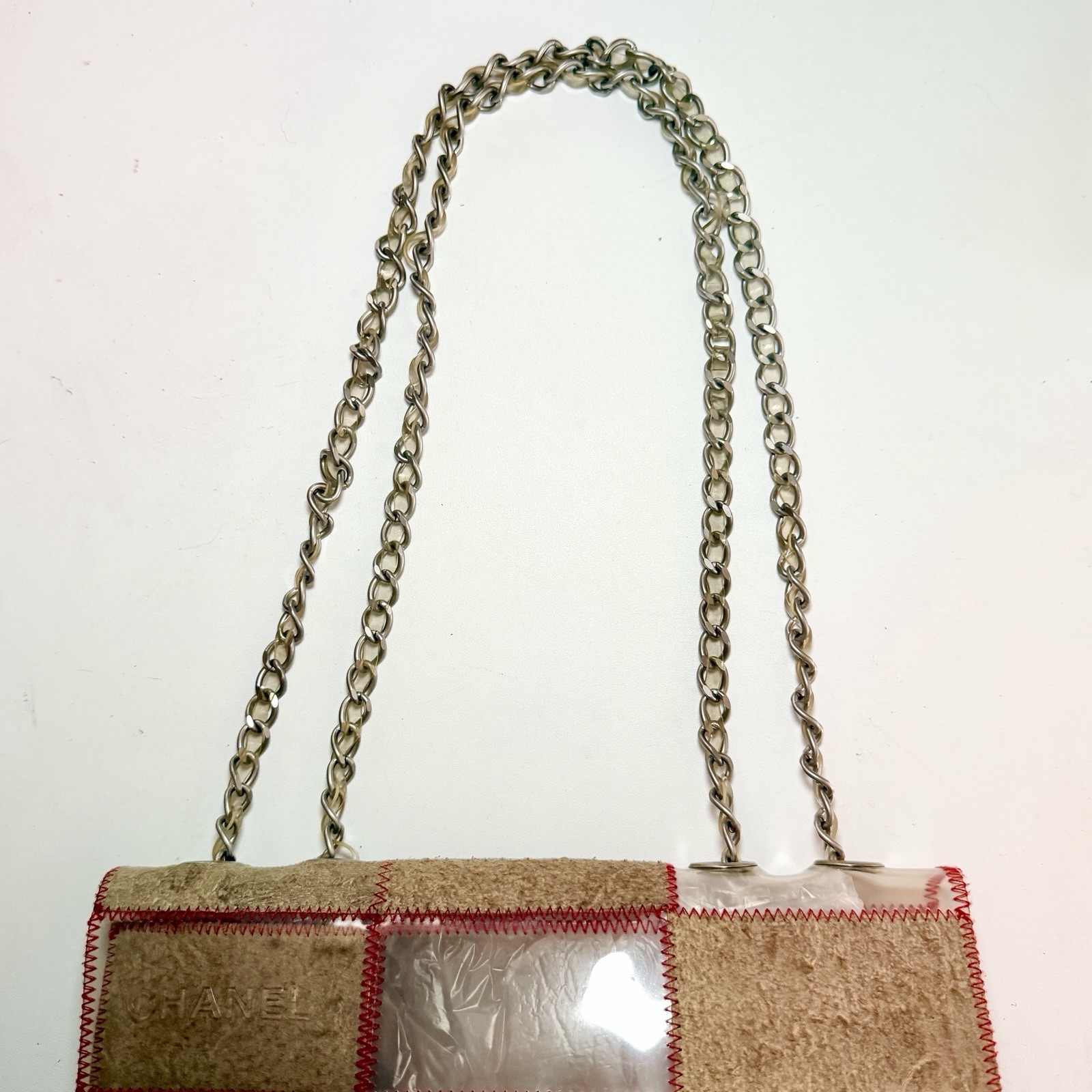 CHANEL Matelasse Patchwork Flap Chain Shoulder Bag PVC Vinyl Suede RED Stitch MC