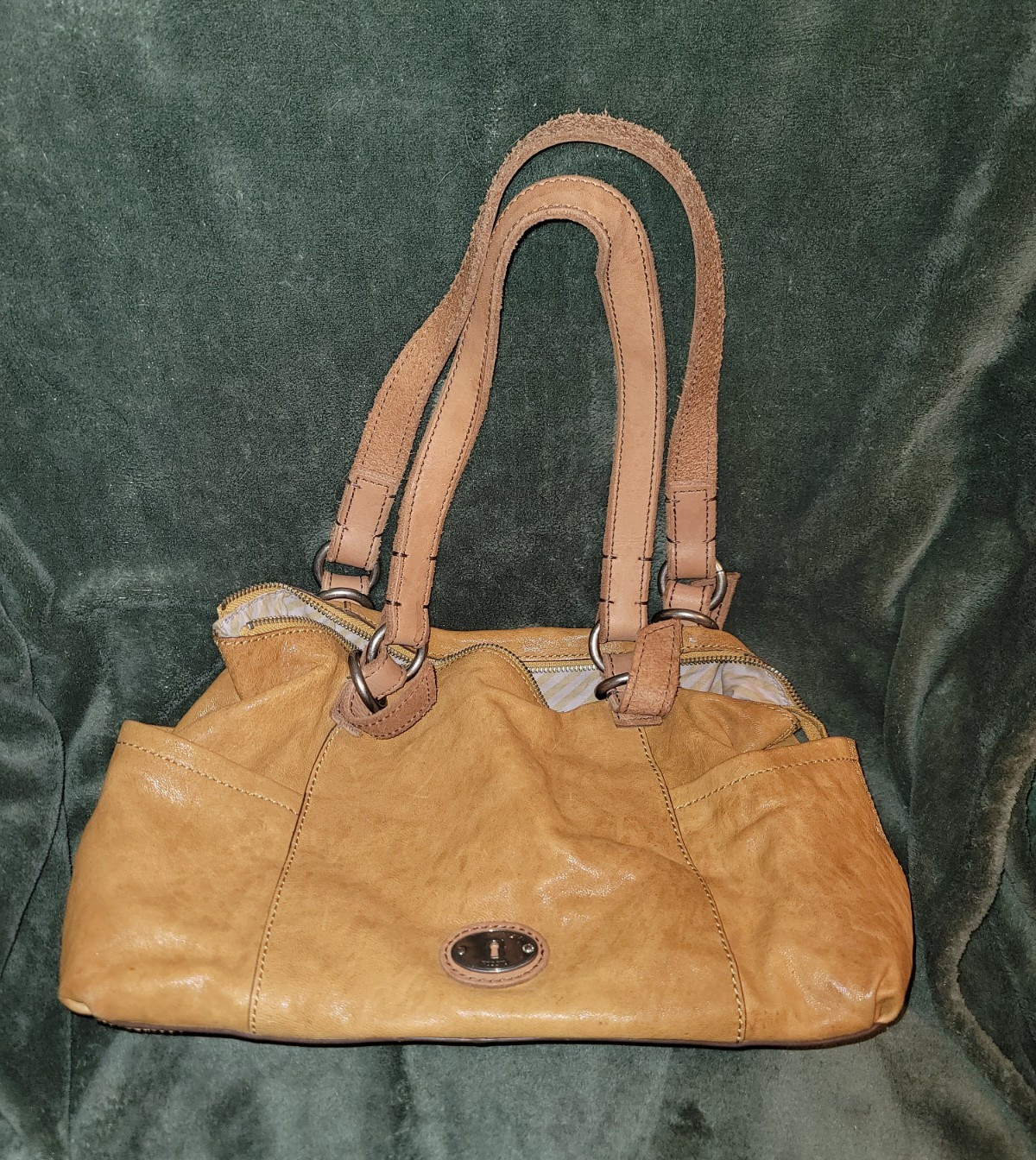 Fossil Brown Satchel Top Handle Bag Zip Closure Pockets Silver Hardware Buckle